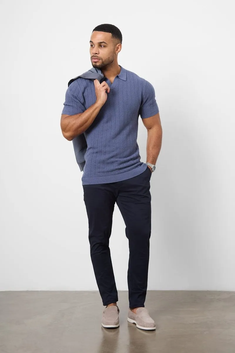 Thermoregulating Fabric Cotton Textured Open Collar Knitted Polo Shirt in Slate Blue