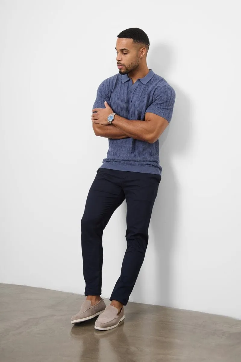 EasyCare Woven Fabric Cotton Textured Open Collar Knitted Polo Shirt in Slate Blue