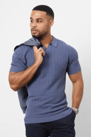 Cotton Textured Open Collar Knitted Polo Shirt in Slate Blue Moisture wicking Sweat Resistant Lining