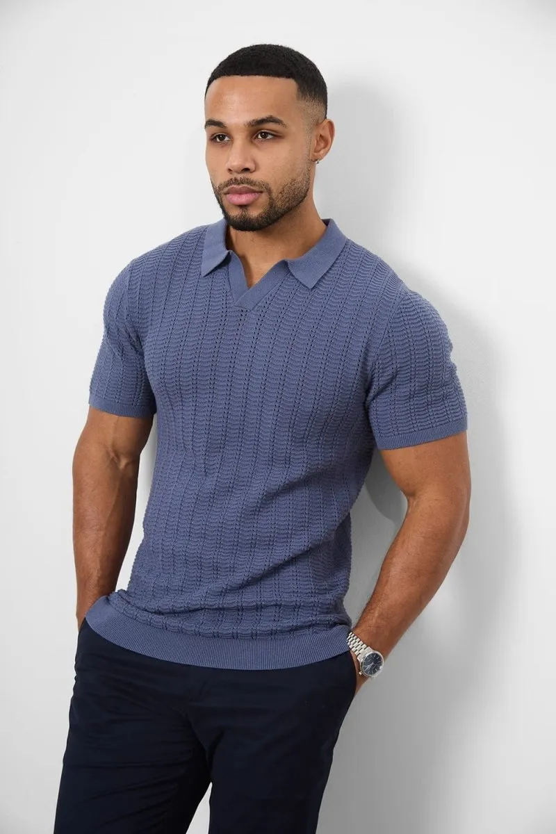 Curved Hemline Cotton Textured Open Collar Knitted Polo Shirt in Slate Blue