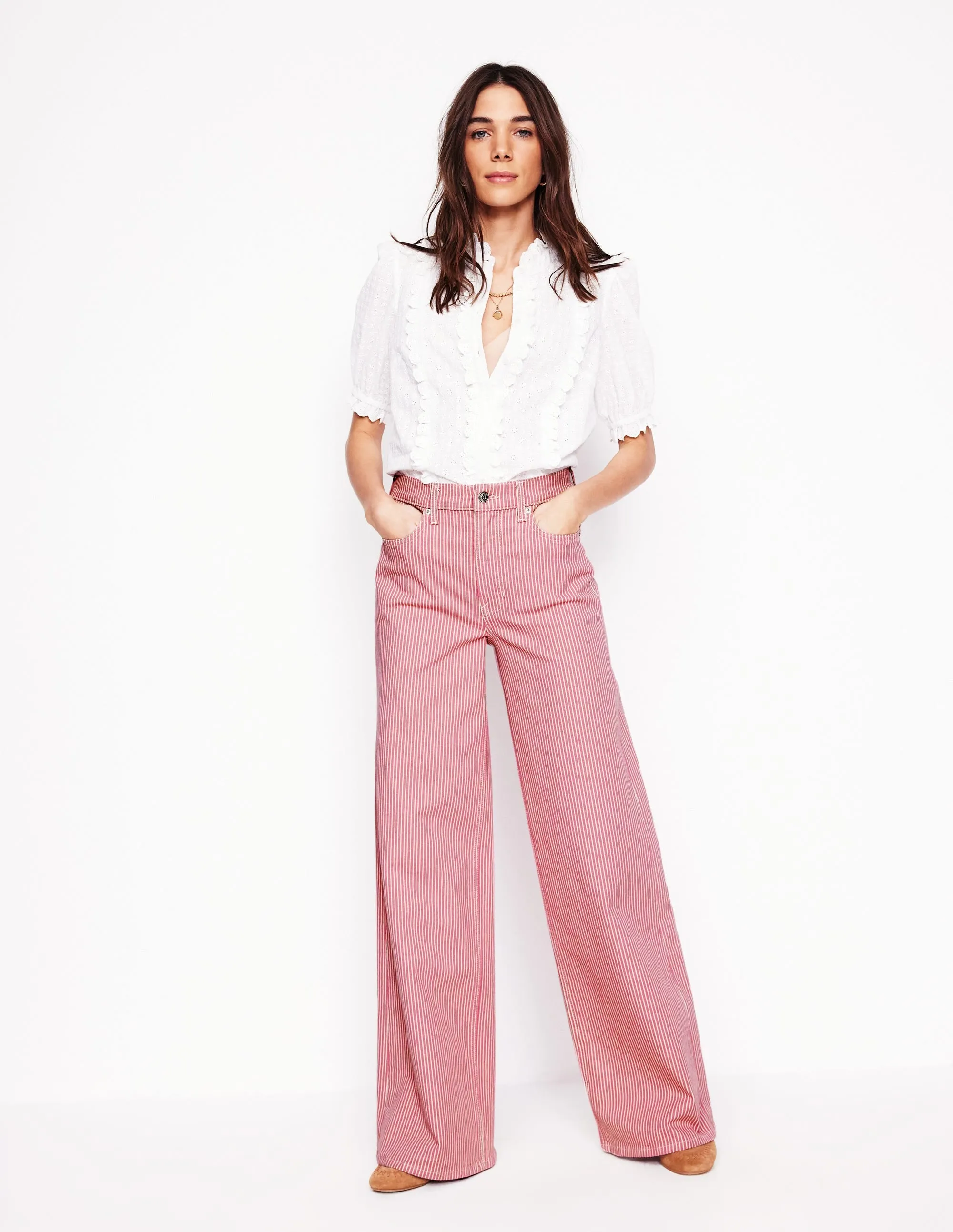 Versatile Relaxed Style High Rise Wide Leg Jeans-Pink Stripe
