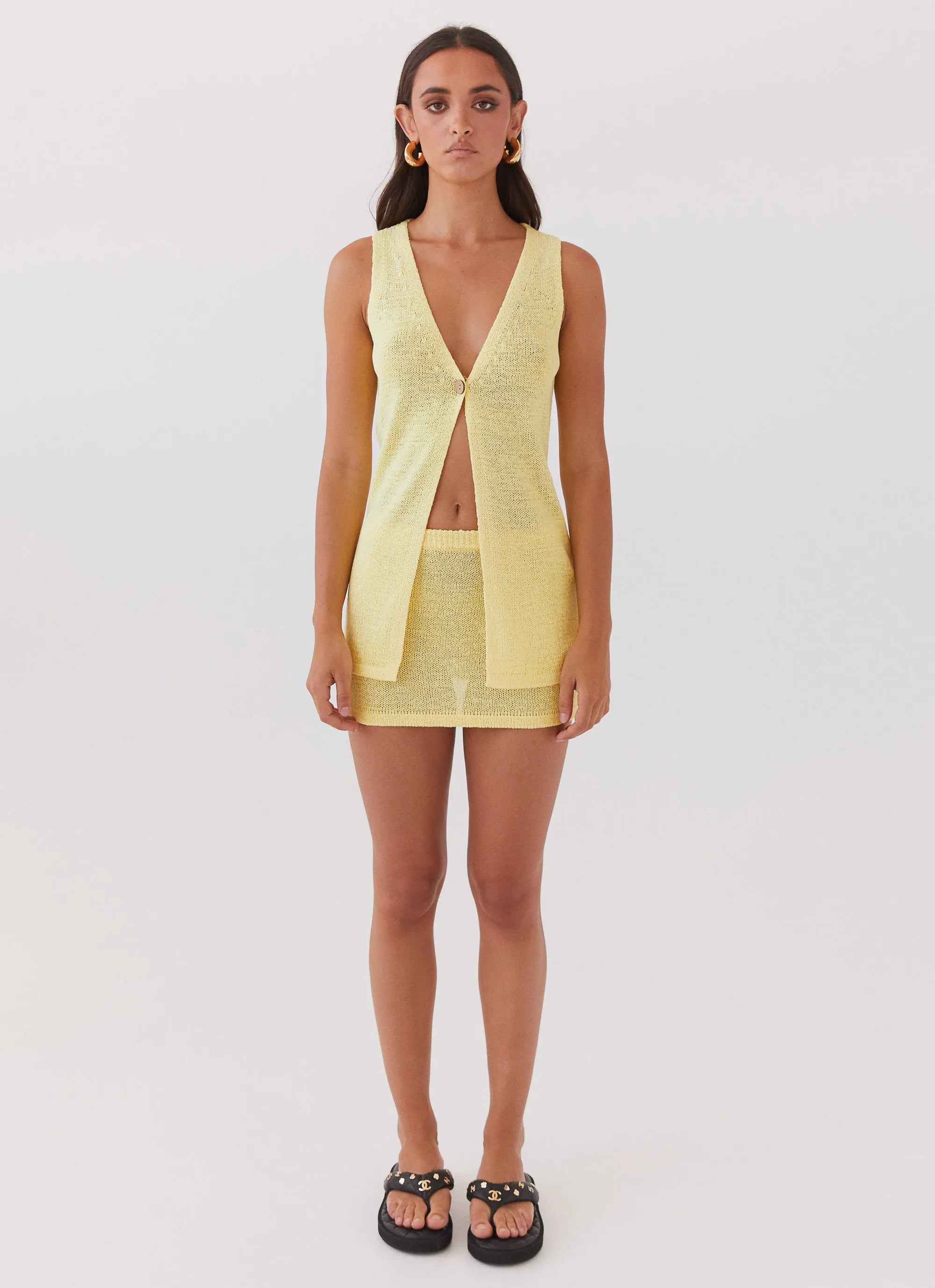 Capri Glow Knit Mini Skirt - Canary Gentle Aesthetic Peplum-Style