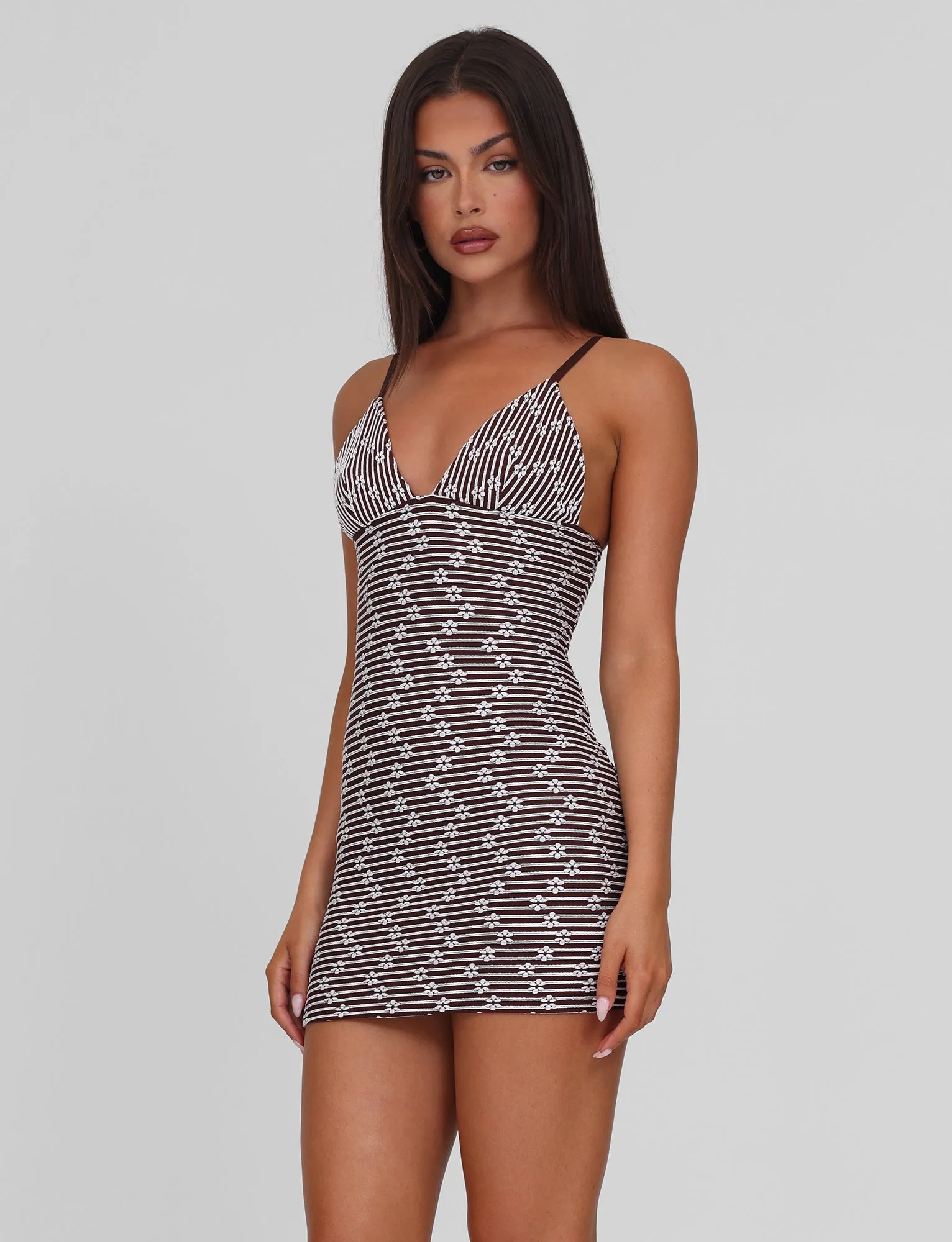 SAHRA MINI DRESS - CHOCOLATE BROWN STRIPE Chic Design Semi Formal