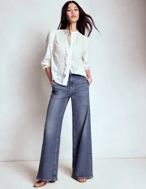 High Rise Clean Wide Jeans-Mid Vintage Seamless Pocket Design Easy Wearing