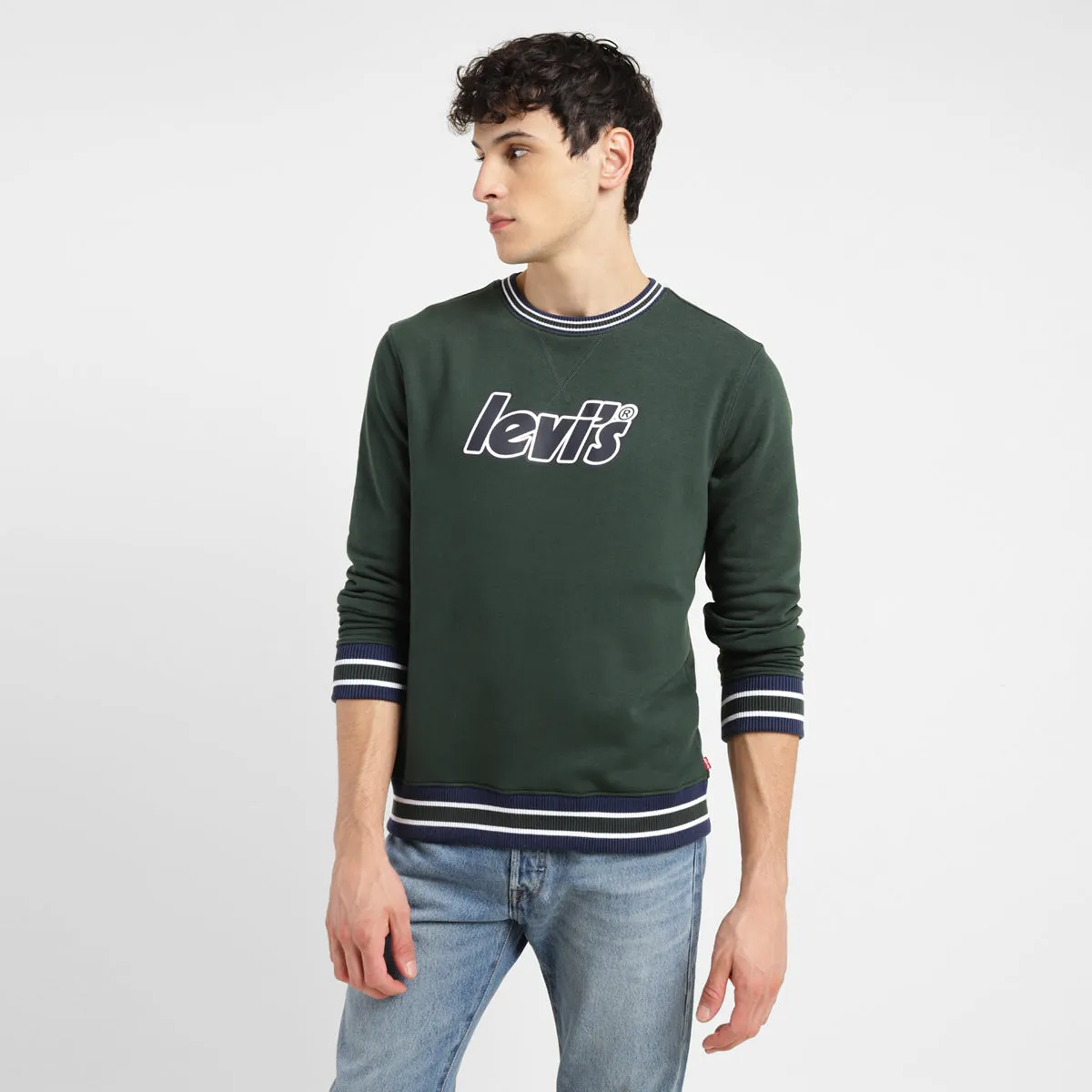 Men's Brand Logo Dark Crew Neck Sweatshirt French Terry Construction Soft Lining