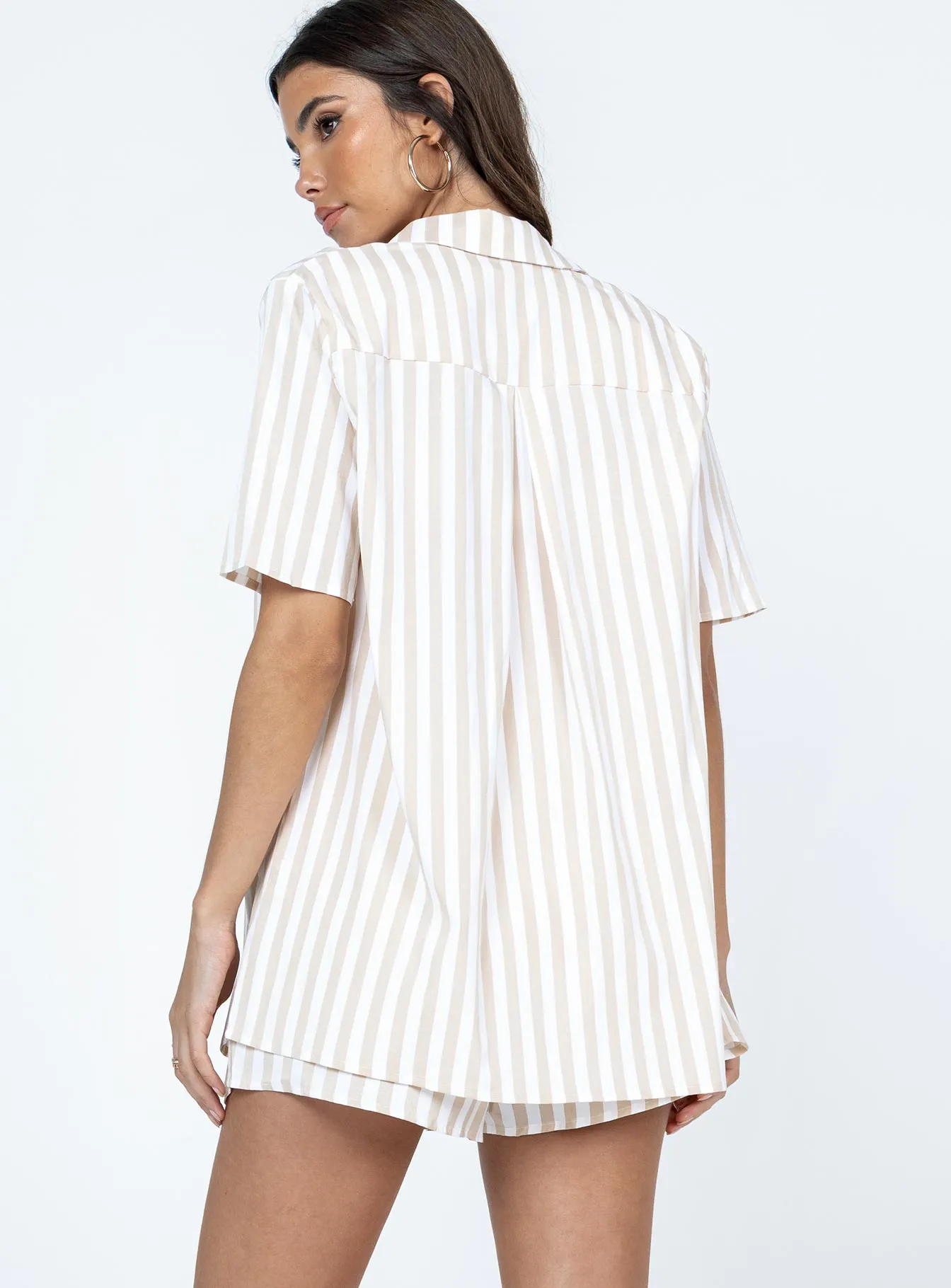 ReinforcedHems FlexibleWaistband Chloe Short Sleeve Set Beige Stripe