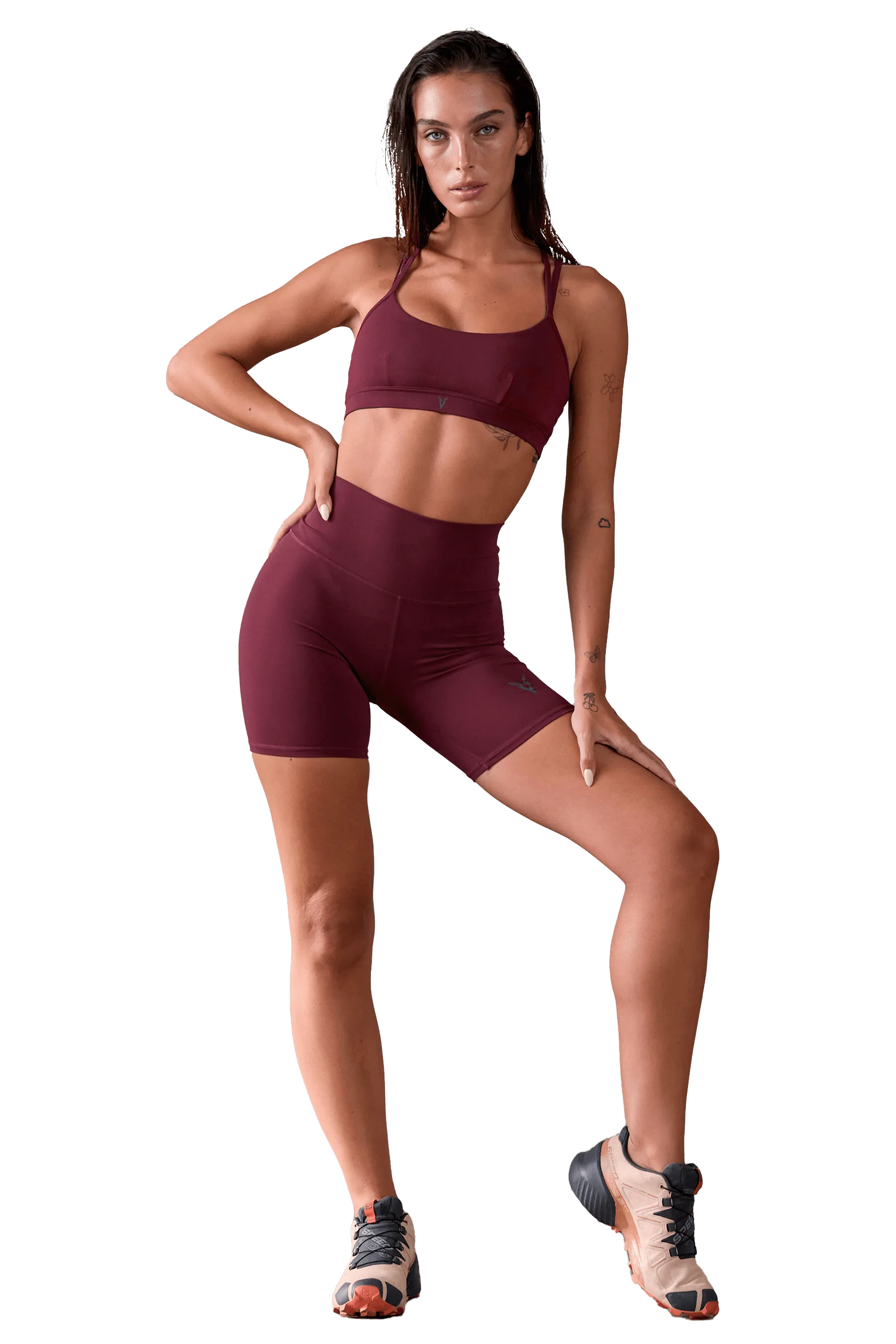 Tasseled edges seams SPORTS BRA STRAPPY - Burgundy
