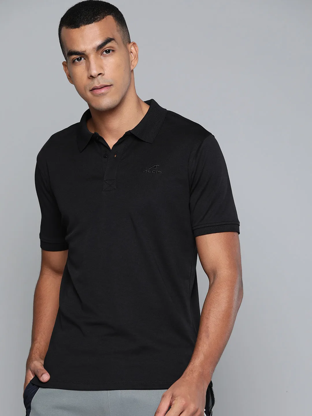 Alcis Men Black Solid Polo Collar T-shirt Breathable Cotton Blend
