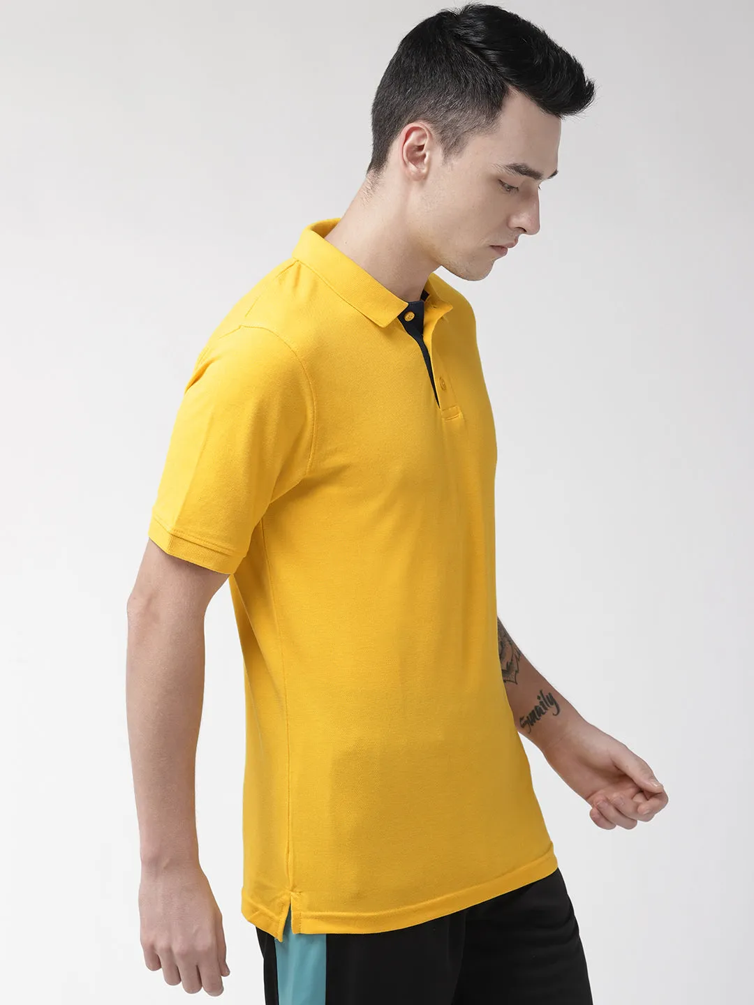 Breathable Cotton Blend Alcis Men Solid Yellow Tshirts