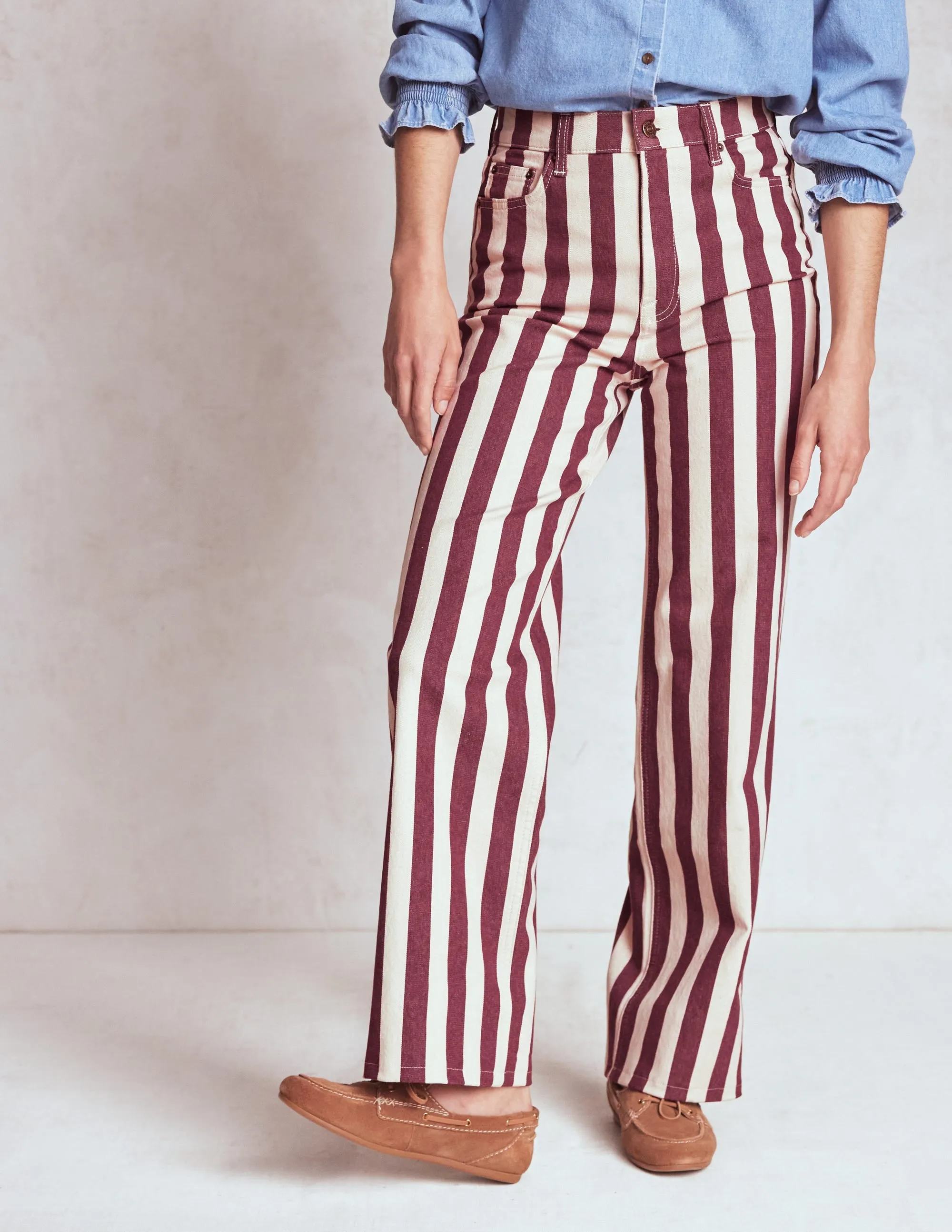 High Rise Column Leg Jeans-Maroon and Ivory Stripe Weekend Wear Unisex Look