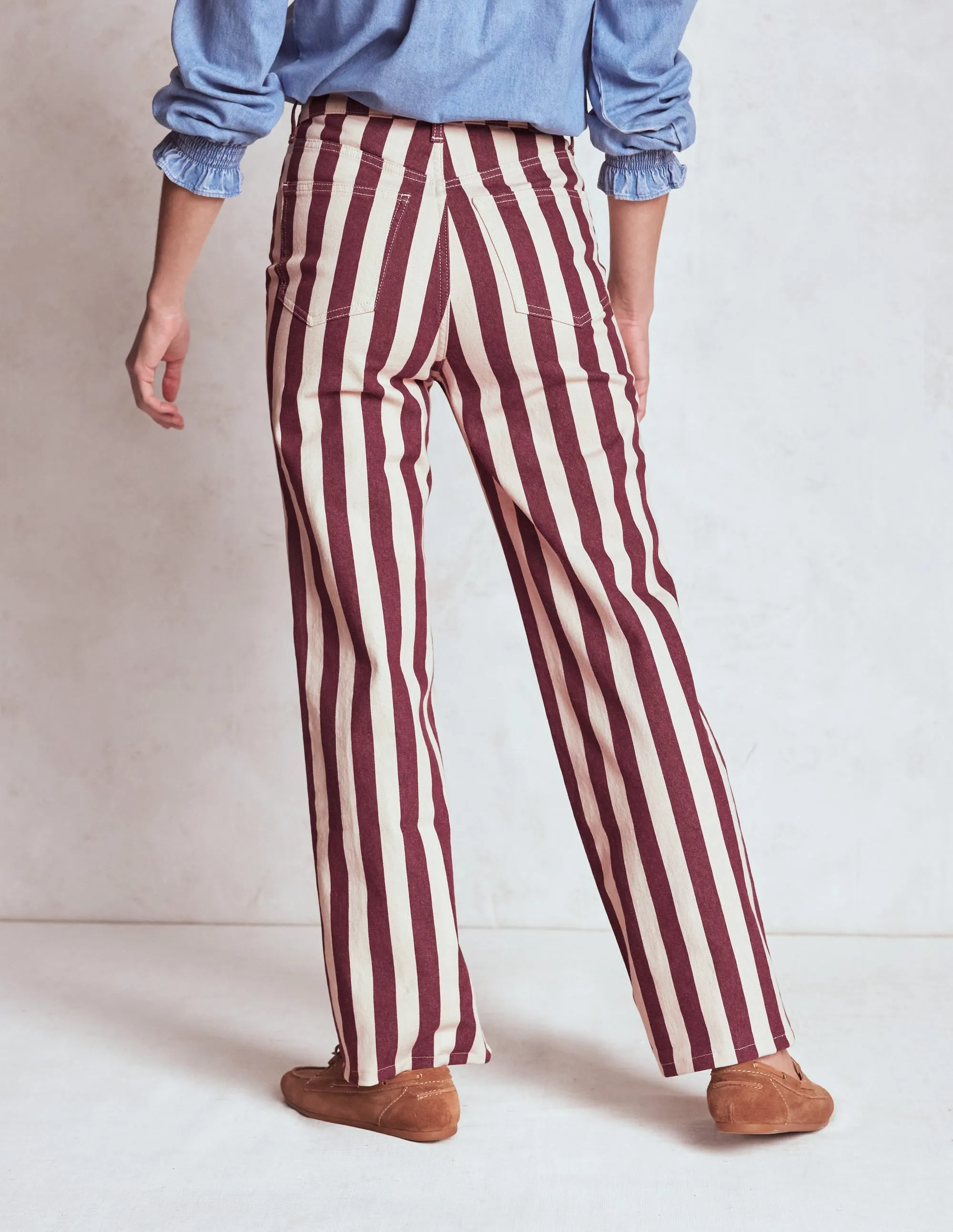 High Rise Column Leg Jeans-Maroon and Ivory Stripe Clean Shape Unisex Wear Premium