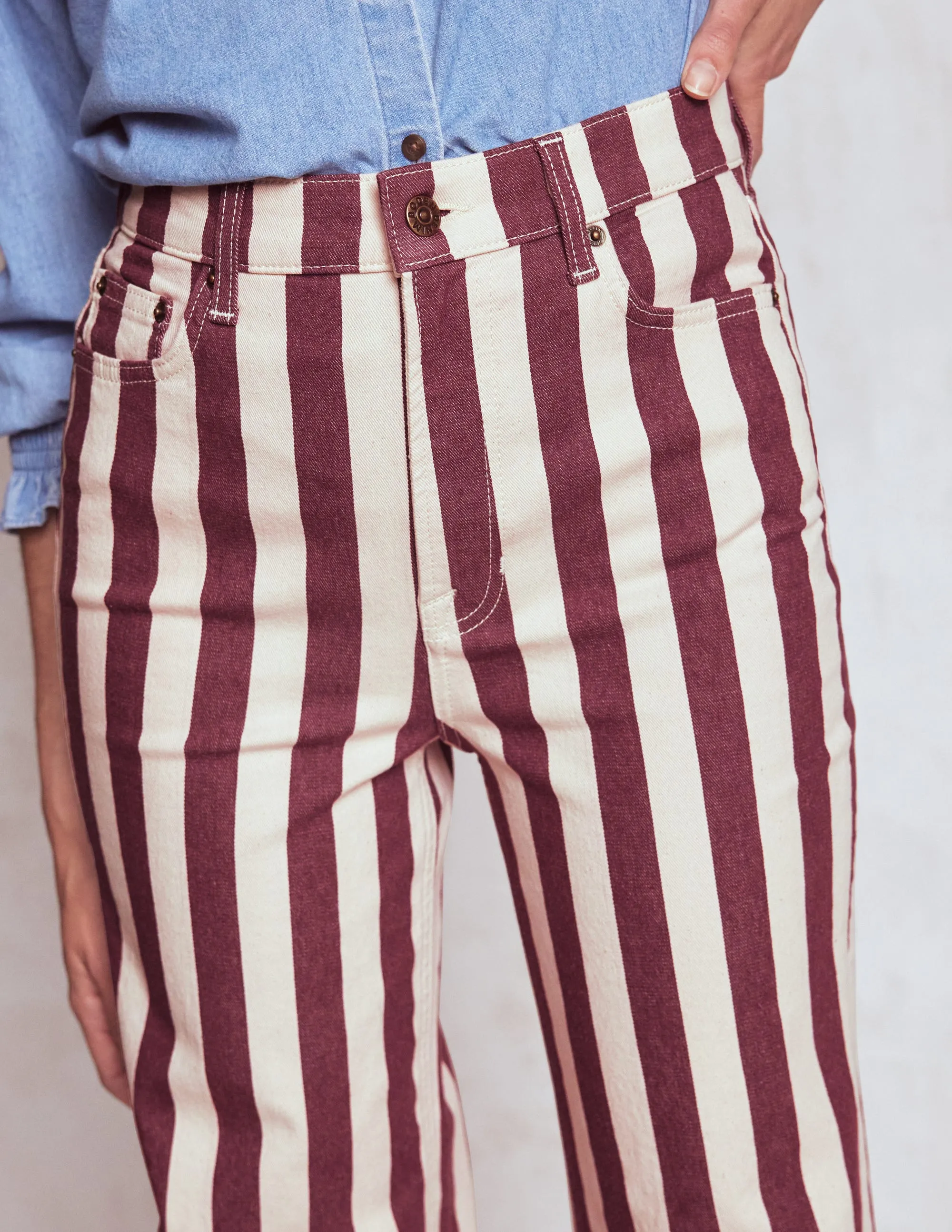 High Rise Column Leg Jeans-Maroon and Ivory Stripe Family Style Parent Style Smart Casual