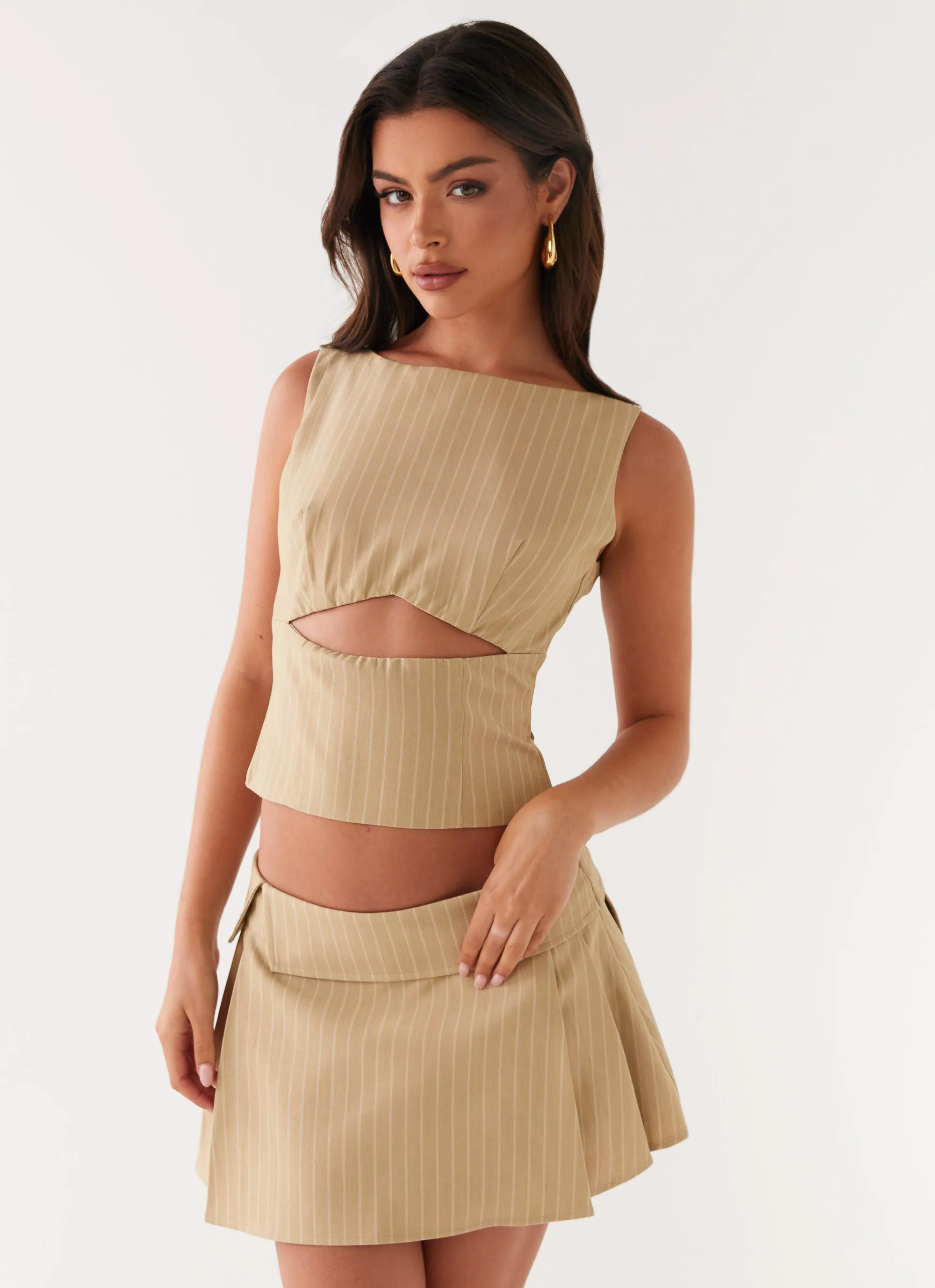 Miki Mini Skirt - Beige Stripe Classic Form Day Ready Look