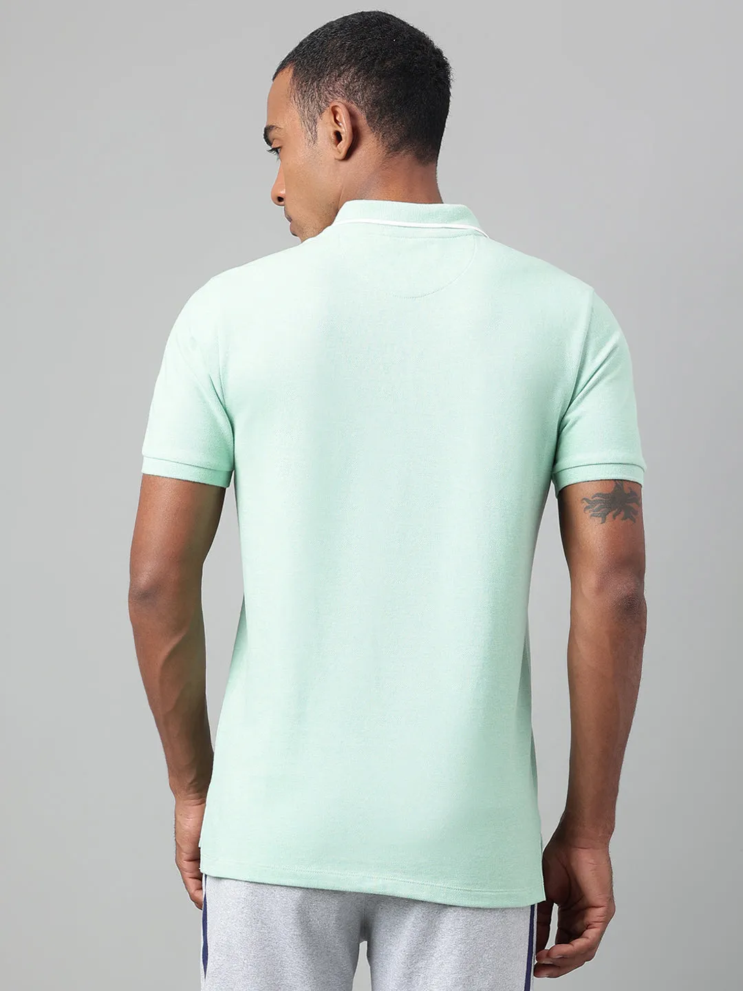 Alcis Men's Sea Green Melange Soft-Touch Regular-Fit Athleisure Polo T-Shirt Sun Protection UPF 50