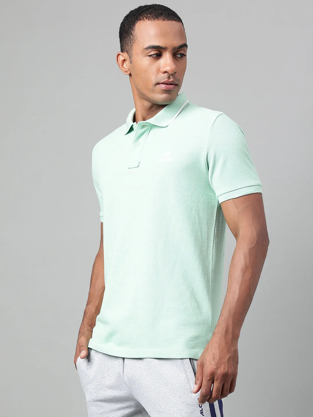Alcis Men's Sea Green Melange Soft-Touch Regular-Fit Athleisure Polo T-Shirt ZeroIrritation Seams