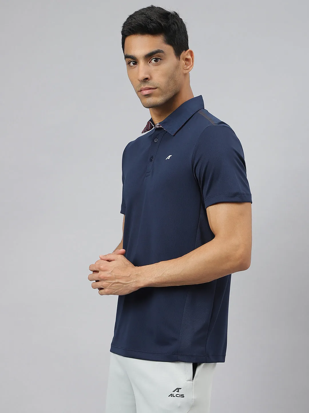 Alcis Men Navy Train-Tech Anti-Static Slim-Fit Training Polo T-Shirt Streetwear Edge