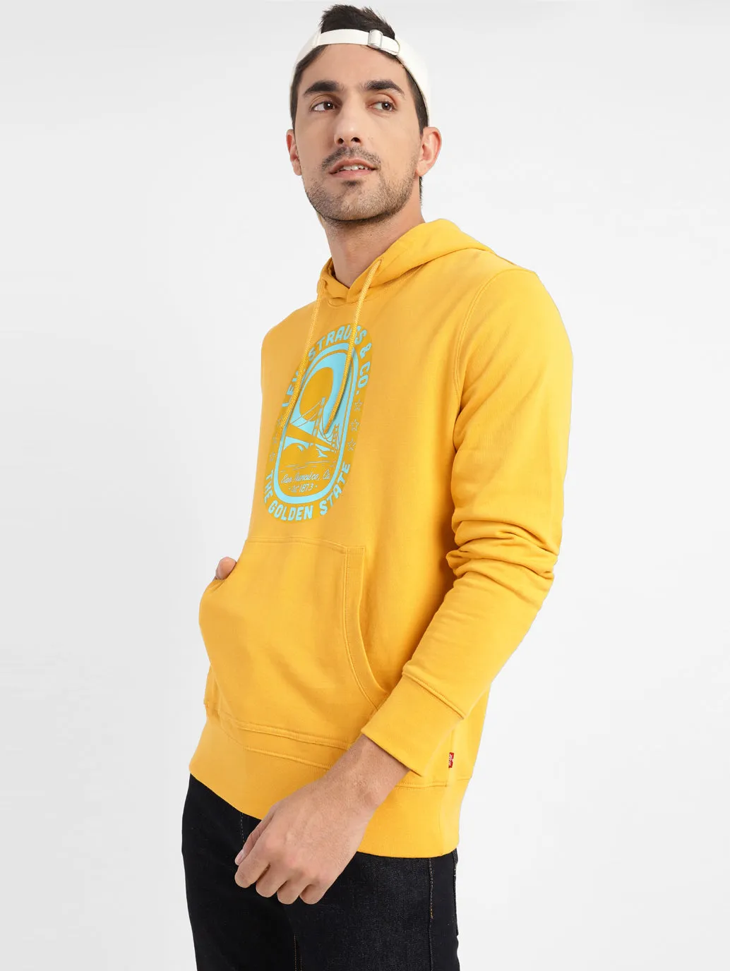 Sporty Style Heat Reflective Coating Men's Graphic Print Hooded Sweatshirt Yellow