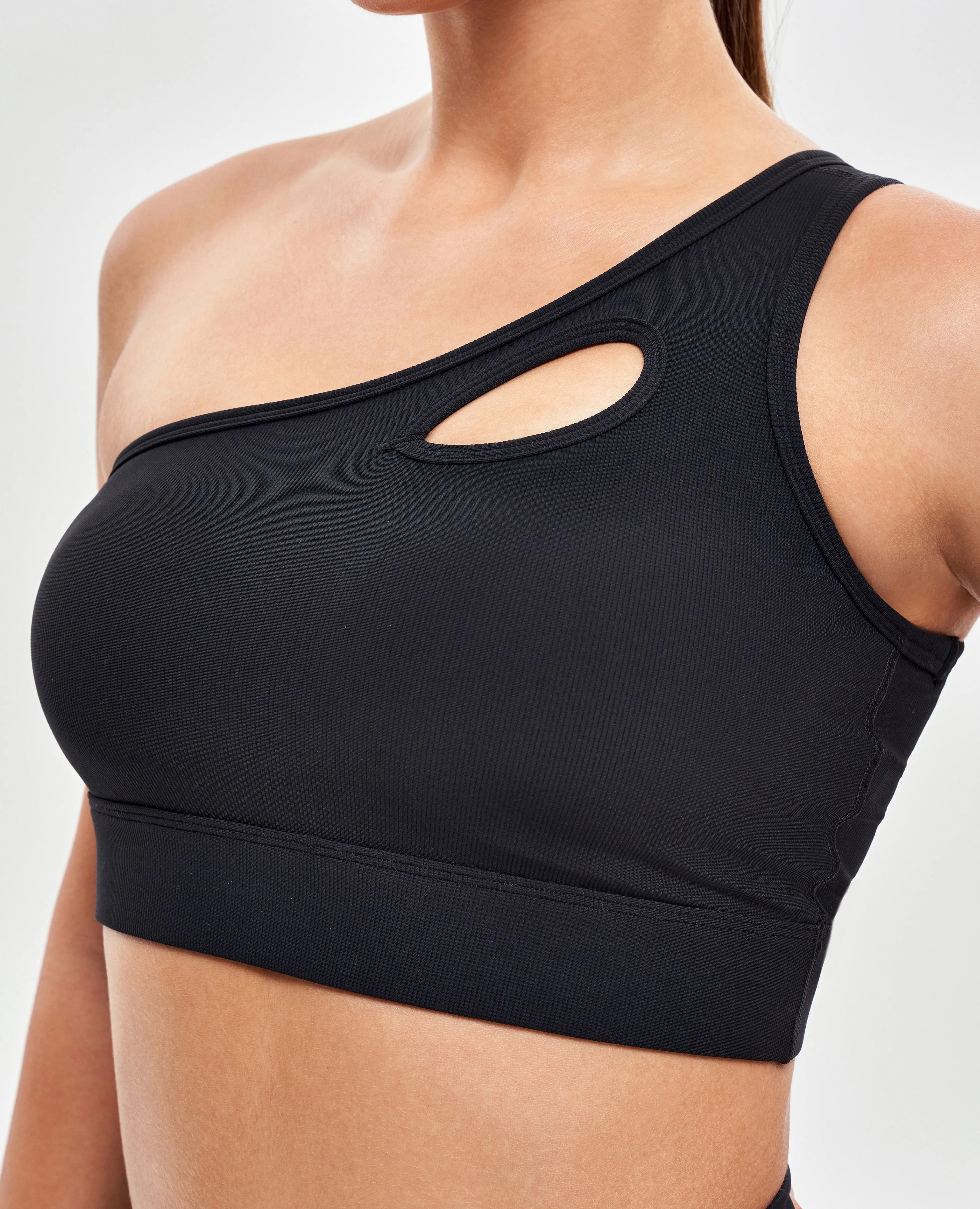 One Shoulder Sports Bra - Black Blend Hemmed edges seams