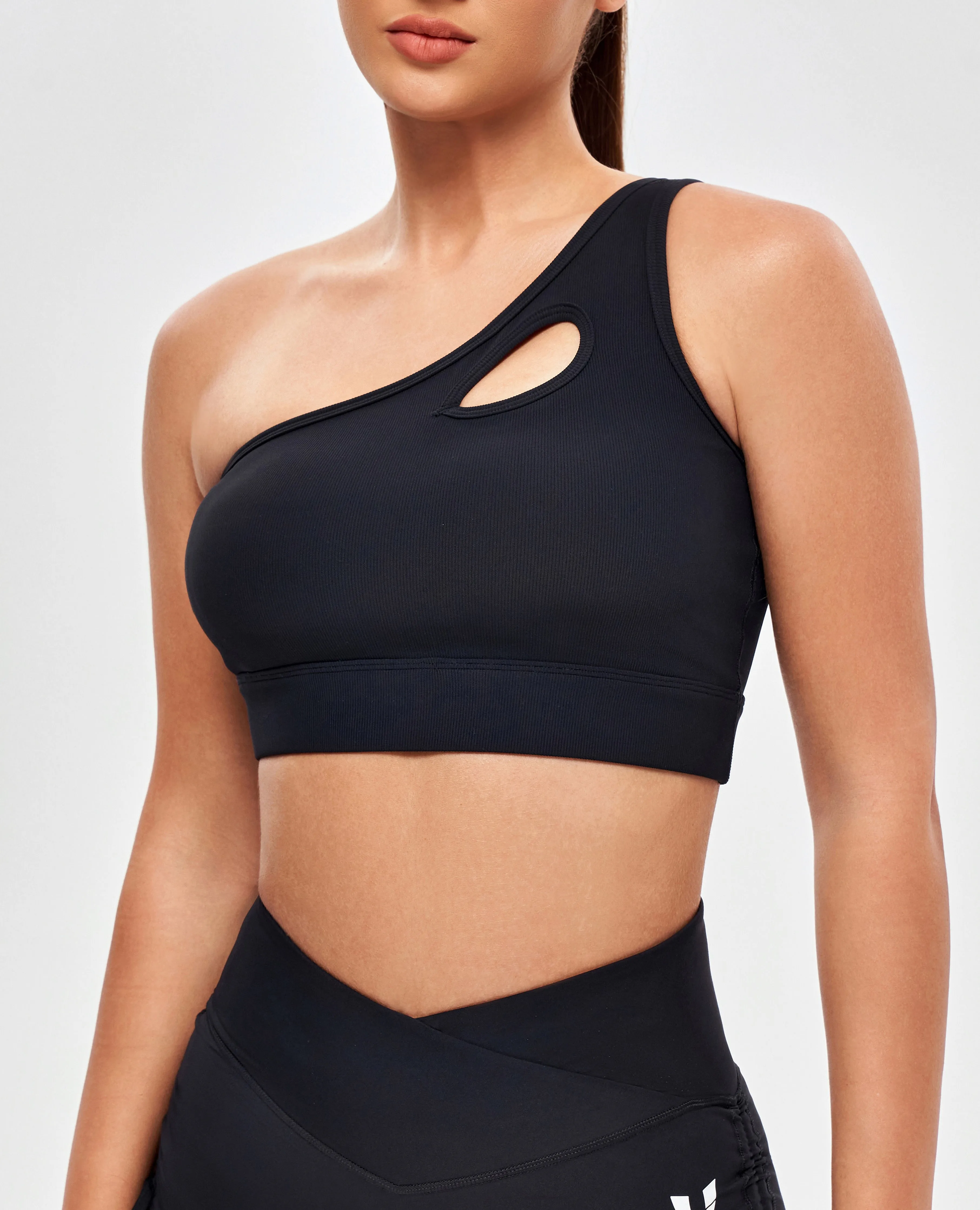 One Shoulder Sports Bra - Black Coverstitch Minimal seams