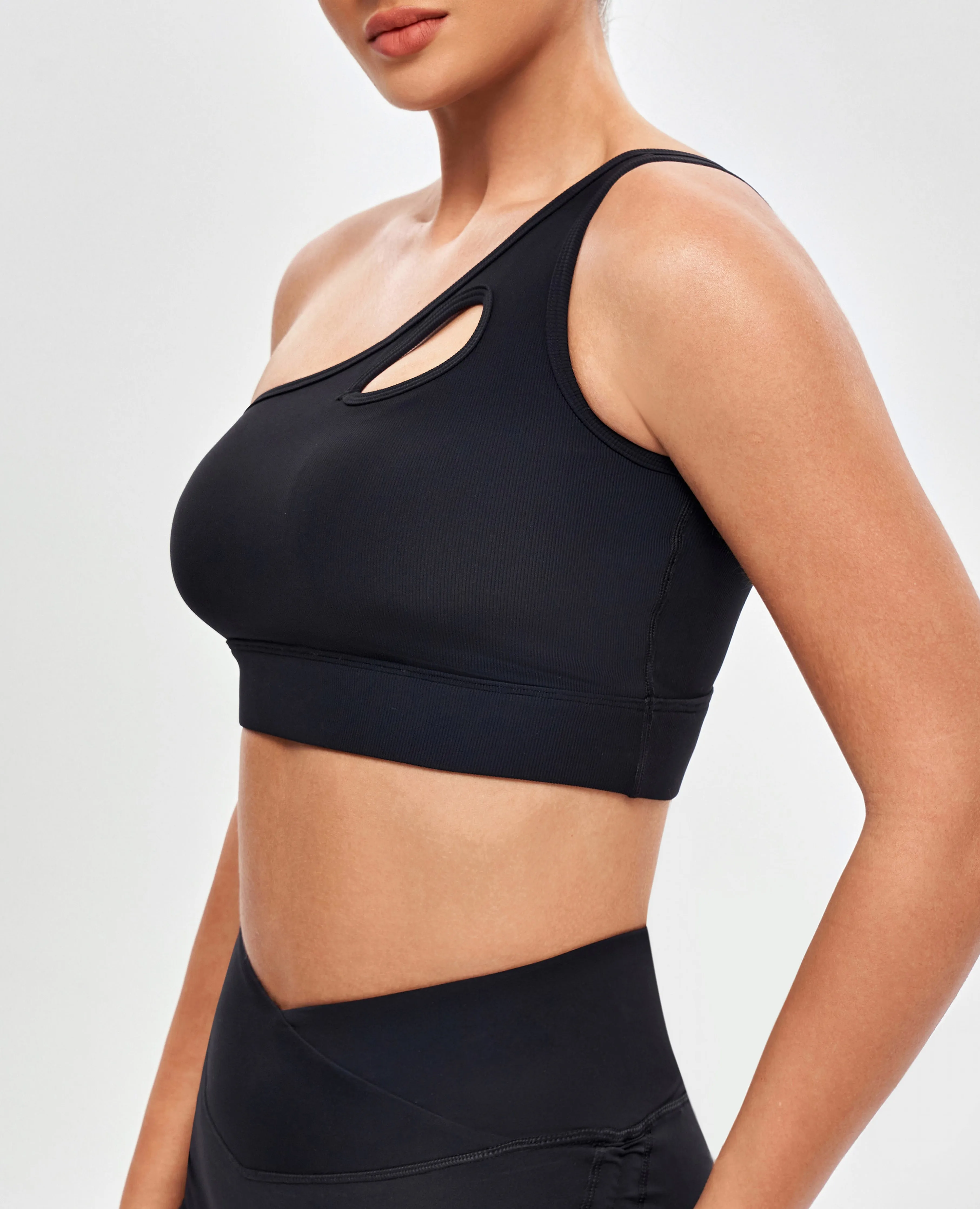 One Shoulder Sports Bra - Black Sweat Absorbent Lining