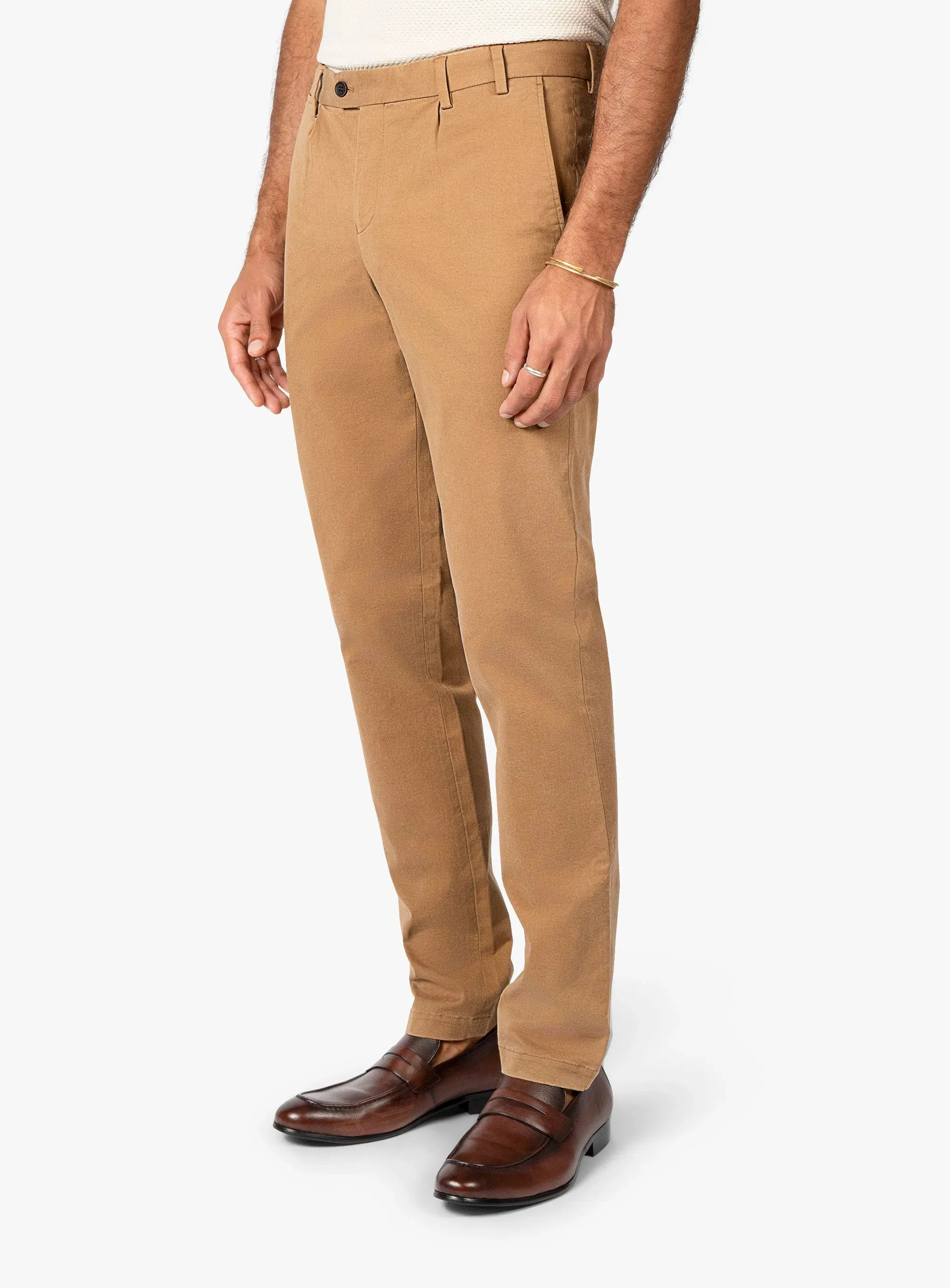 Stretch Fabric Carmine Pleated Tan Chino Pants