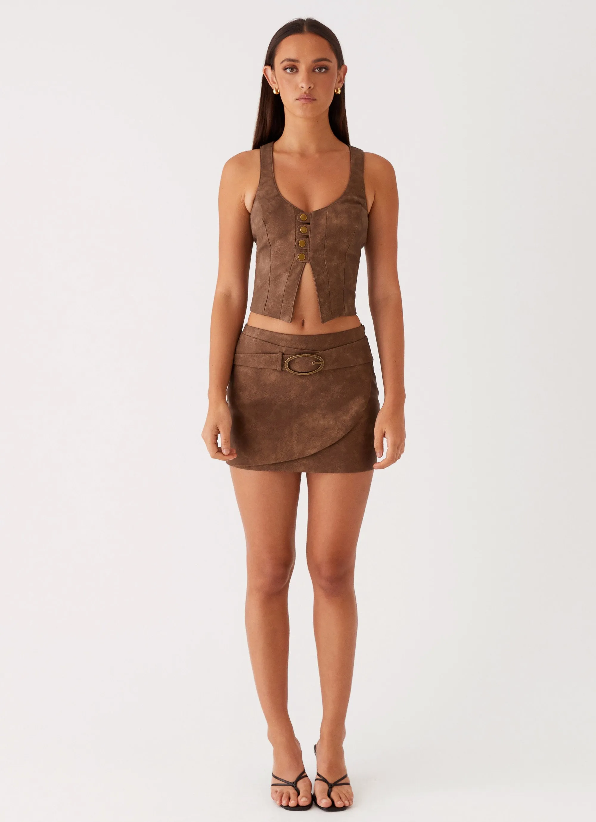 West District PU Mini Skirt - Brown Urban Drape New Spirit