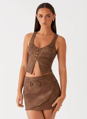 All-Occasion Look West District PU Mini Skirt - Brown