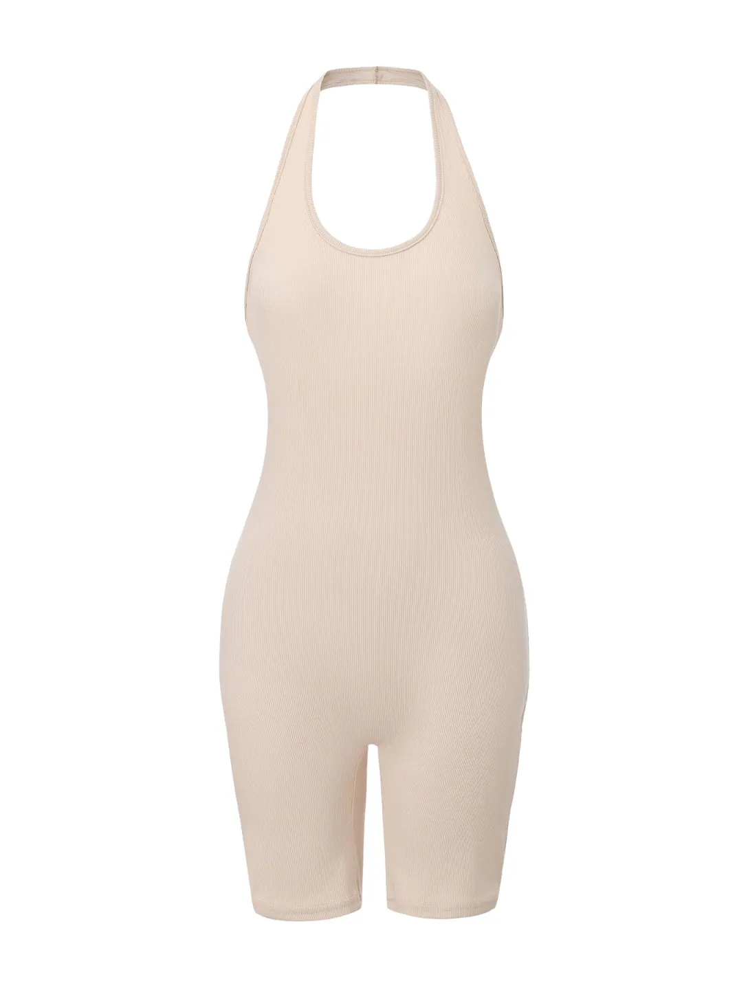 Urban Elegant Luxury Neutral Ribbed Halter Neck Low Back Bodysuit