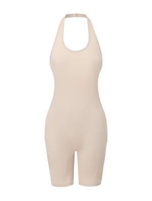 Urban Elegant Luxury Neutral Ribbed Halter Neck Low Back Bodysuit