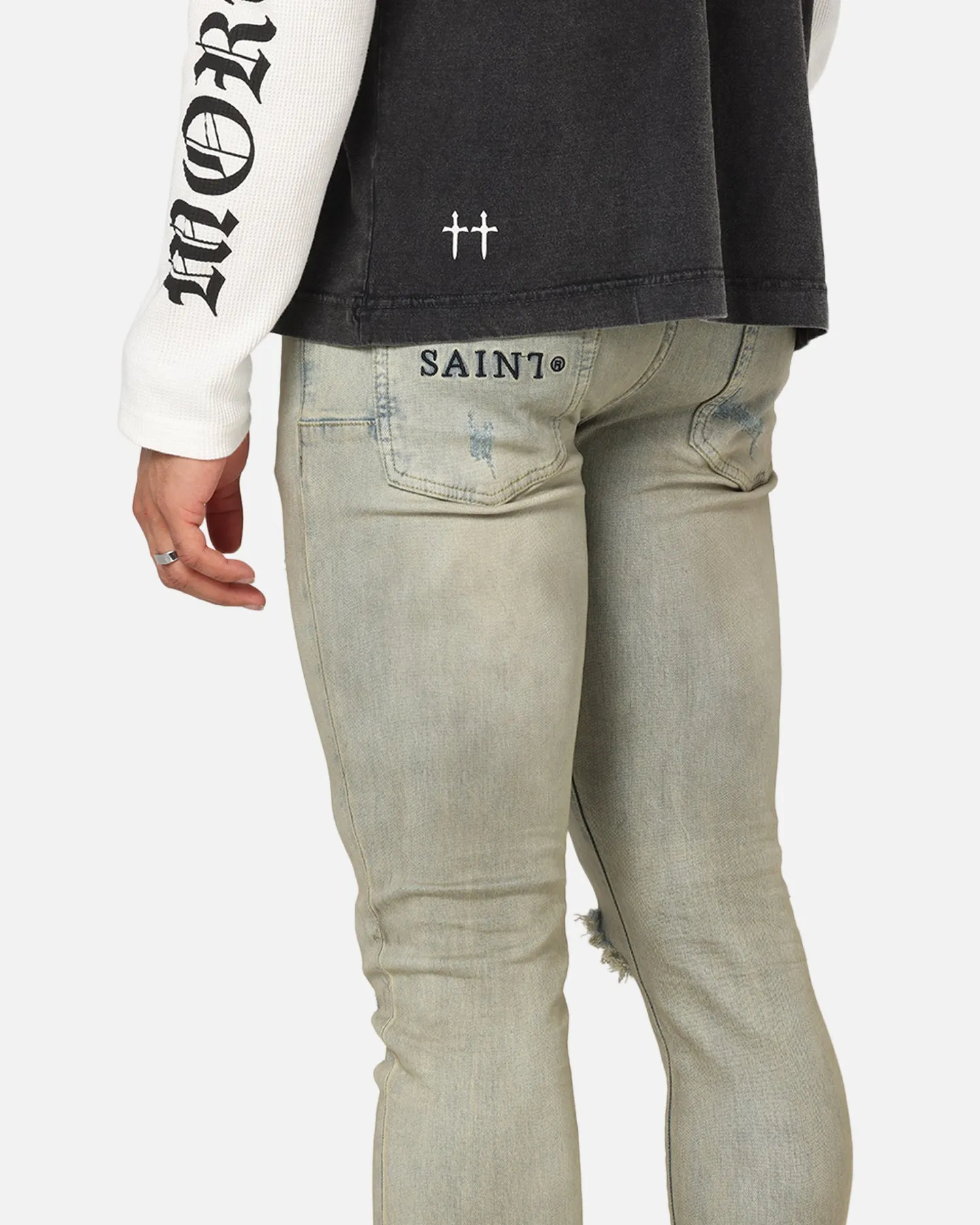 Trendy Apparel Street Fashion Trend Setter Holiday Vibes Saint Morta Dynasty Dirty Distressed Jeans Dirty Denim