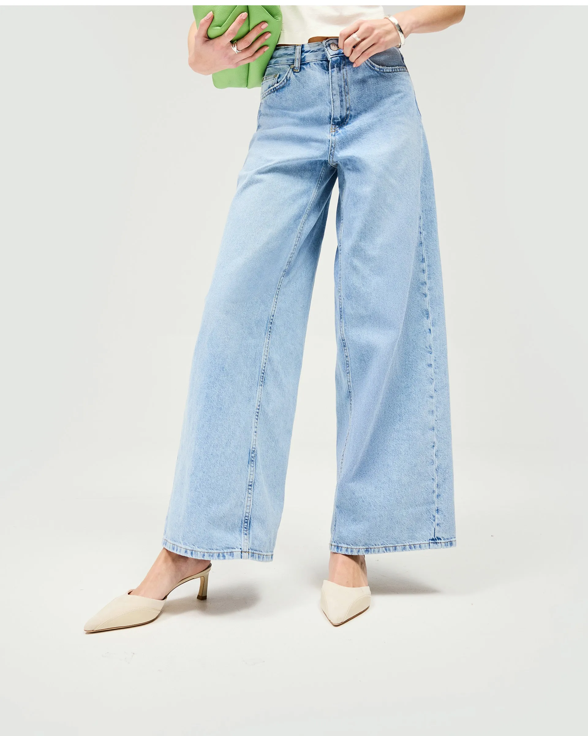 Rainy Day High Quality Lifestyle Outfit Mid Rise Wide Leg Jean - Washed Blue