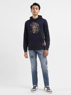 fuzzy texture Men's Graphic Navy Hooded Sweatshirt
