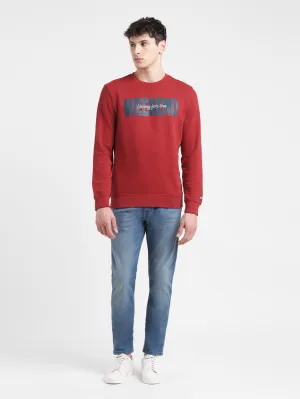 Men's Solid Red Crew Neck Sweatshirt Urban Street Style Fleece Lined Interior