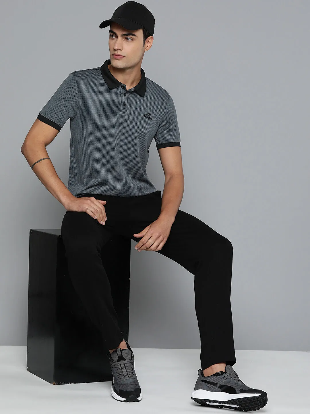 Bamboo Fiber Blend Lightweight Material Alcis Men Grey Black Colourblocked Polo Collar Dry Tech Slim Fit Sports T-shirt