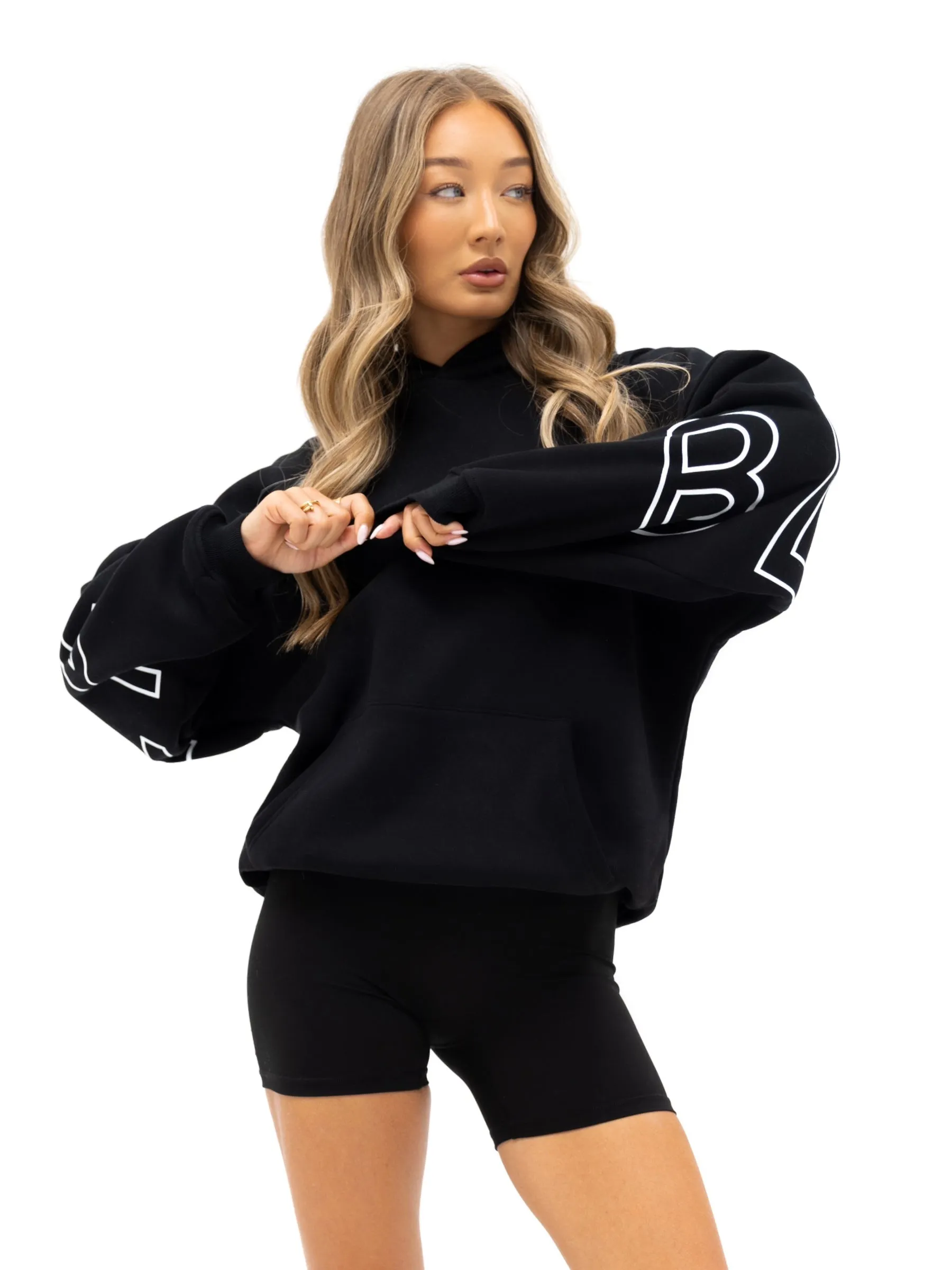 Garment Dyed Finish Rib Knit Hem Outline Isabel Oversized Hoodie - Black