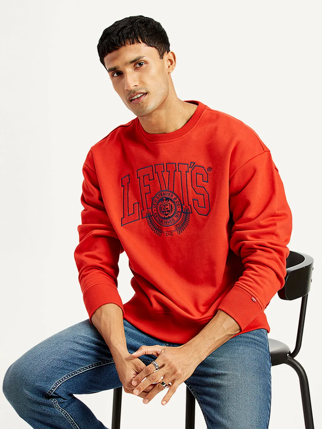 Men's Brand Logo Crew Neck Sweatshirt bus ride Raw Hem Detail