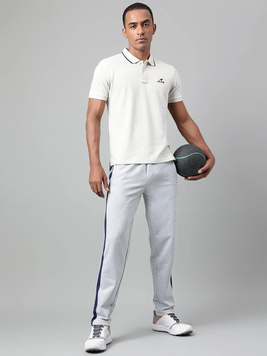 Multipanel Construction Alcis Men's Off White Melange Soft-Touch Regular-Fit Athleisure Polo T-Shirt
