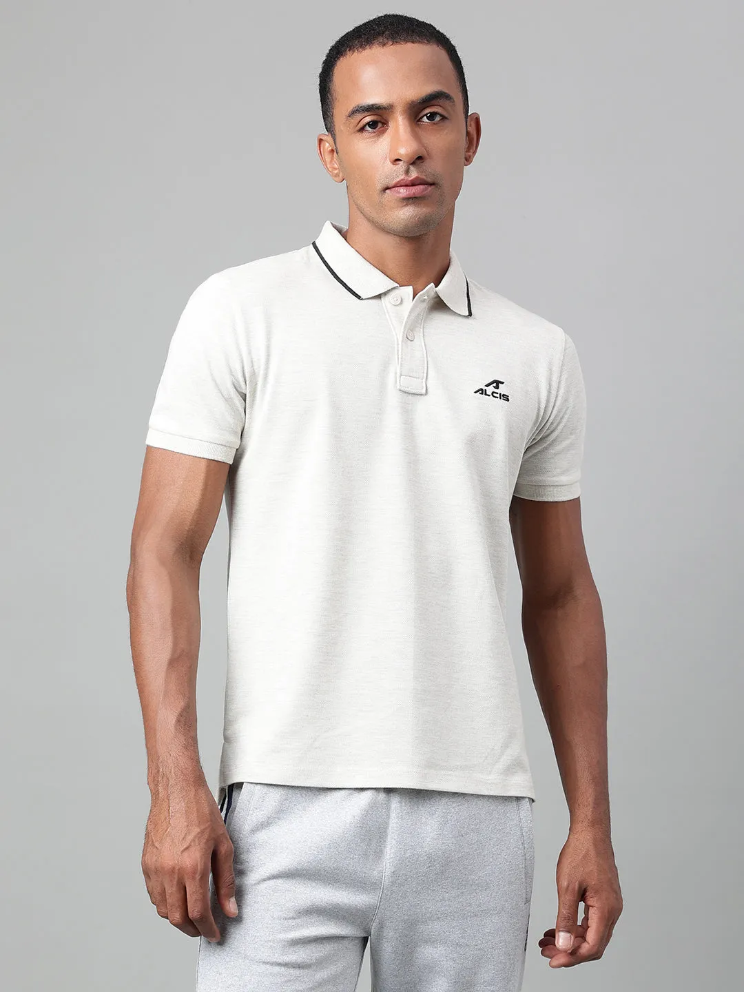 Curved Hemline Alcis Men's Off White Melange Soft-Touch Regular-Fit Athleisure Polo T-Shirt