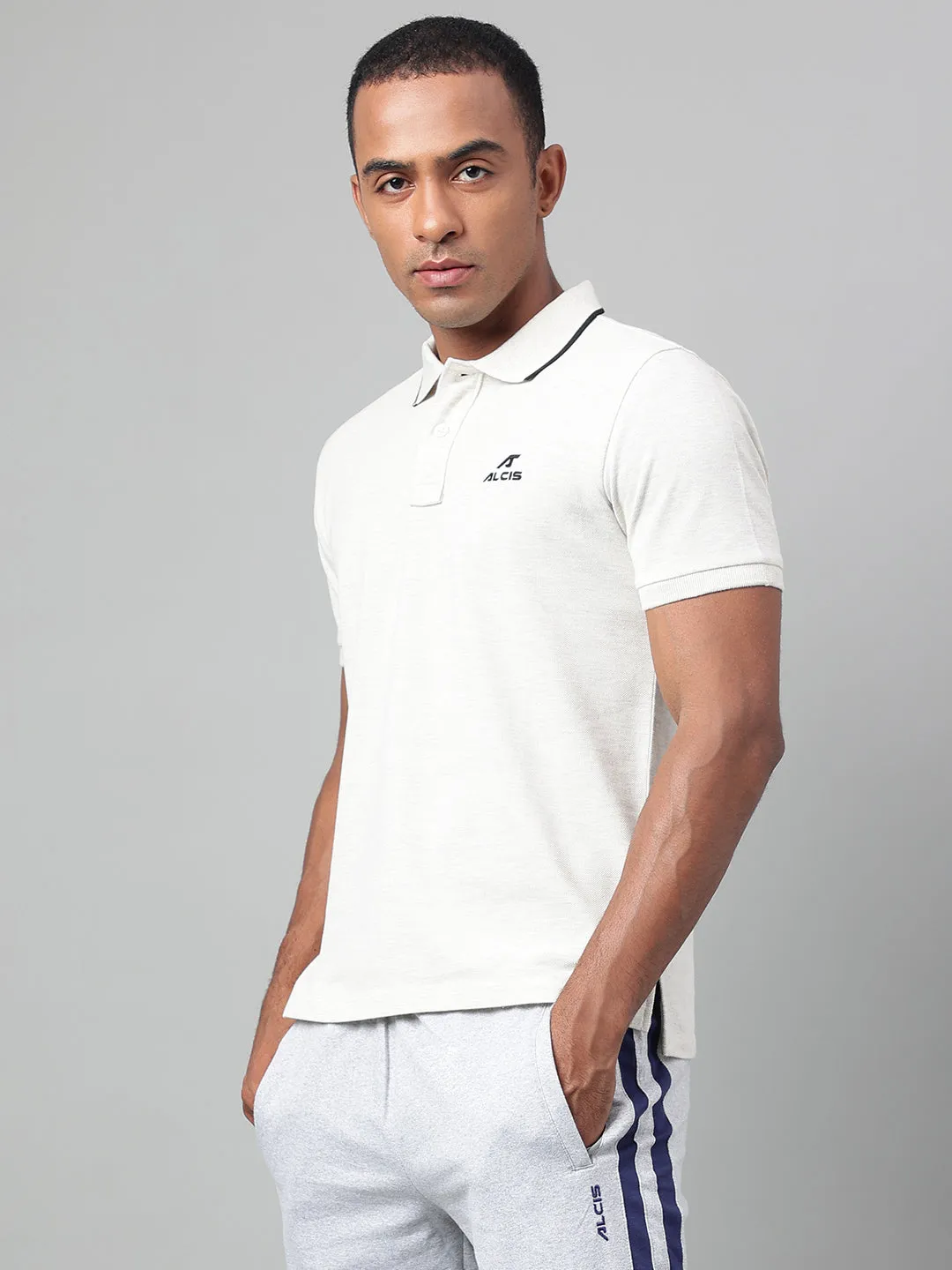 Formal Edge Durable Ribbed Cuffs Alcis Men's Off White Melange Soft-Touch Regular-Fit Athleisure Polo T-Shirt