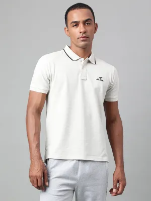 Curved Hemline Alcis Men's Off White Melange Soft-Touch Regular-Fit Athleisure Polo T-Shirt