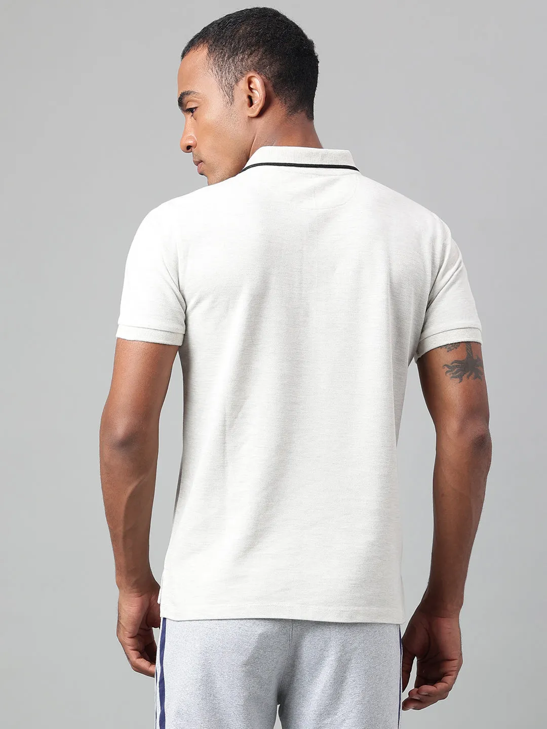 Alcis Men's Off White Melange Soft-Touch Regular-Fit Athleisure Polo T-Shirt Office To Outing