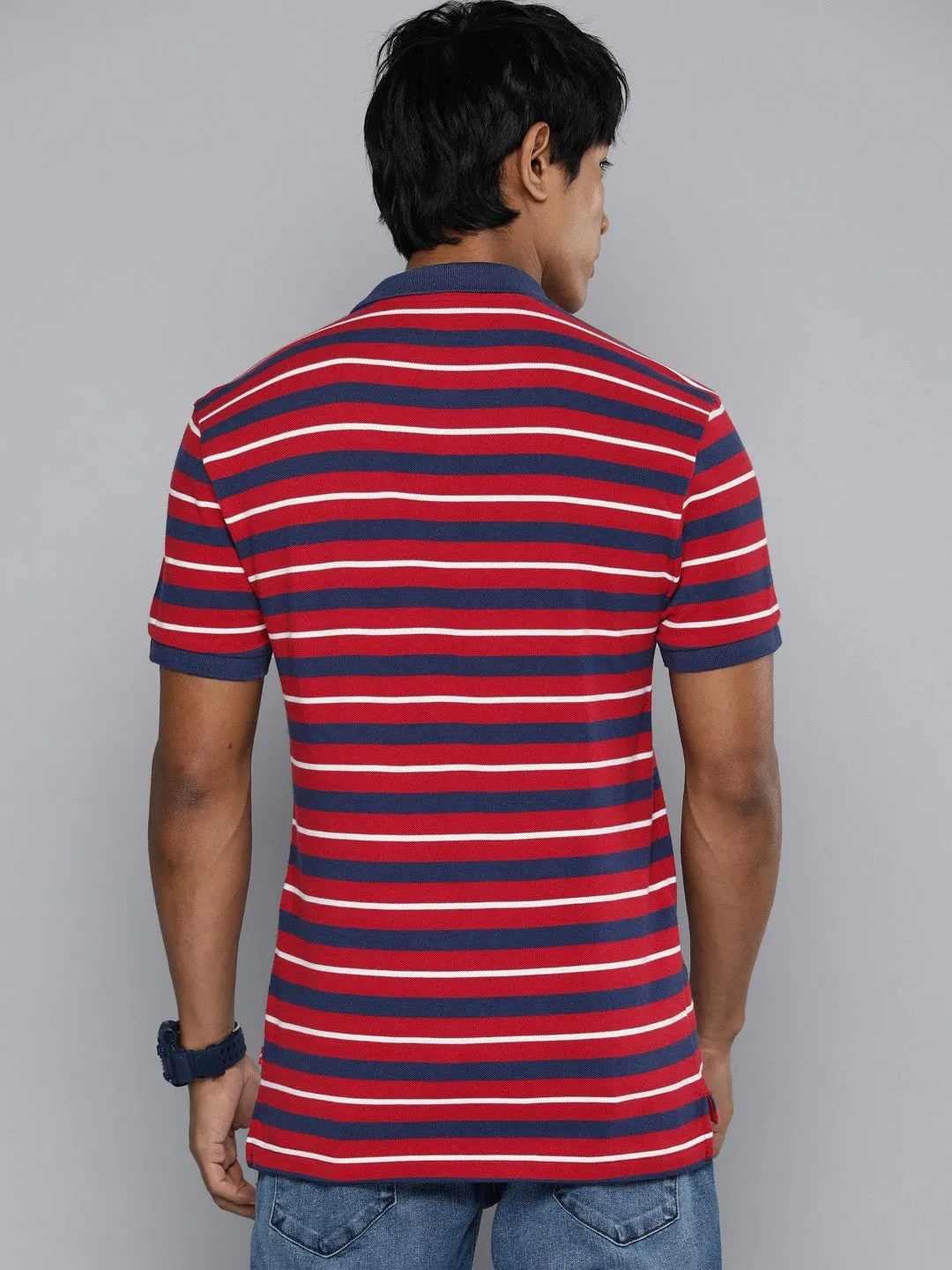 Colorfast Dye Process DoubleLayered Hem Binding Men's Striped Polo T-shirt