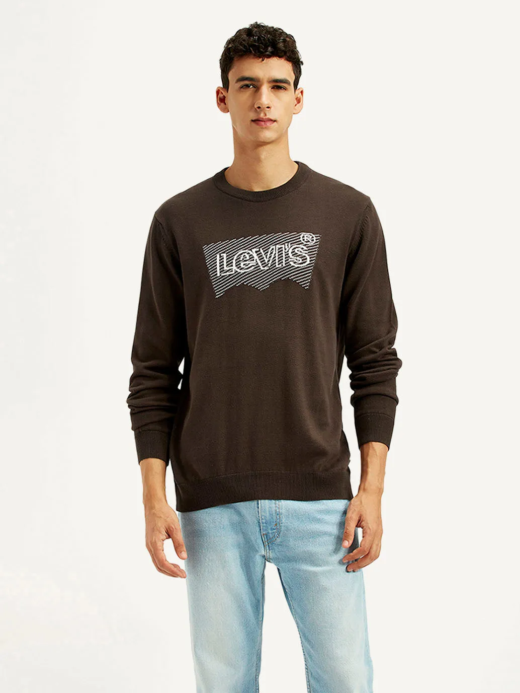 Men's Graphic Print Brown Round Neck Sweatshirt Warm Embrace