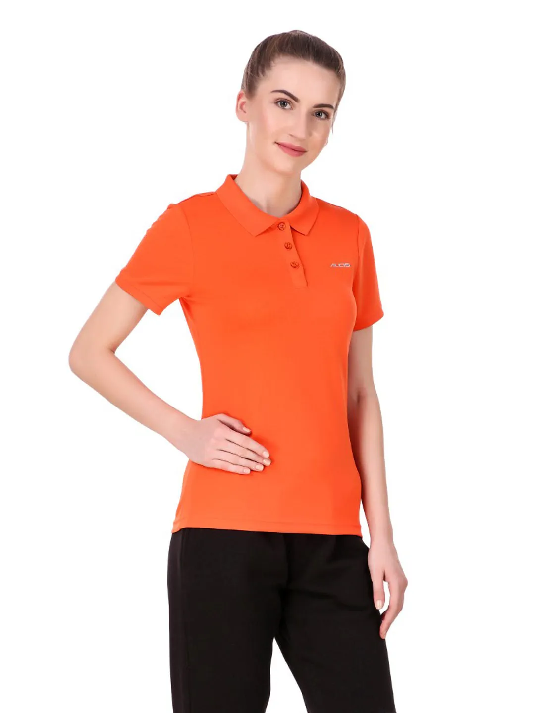 Comfort Fit Alcis Women Orange Solid Polo Collar Sports T-shirt