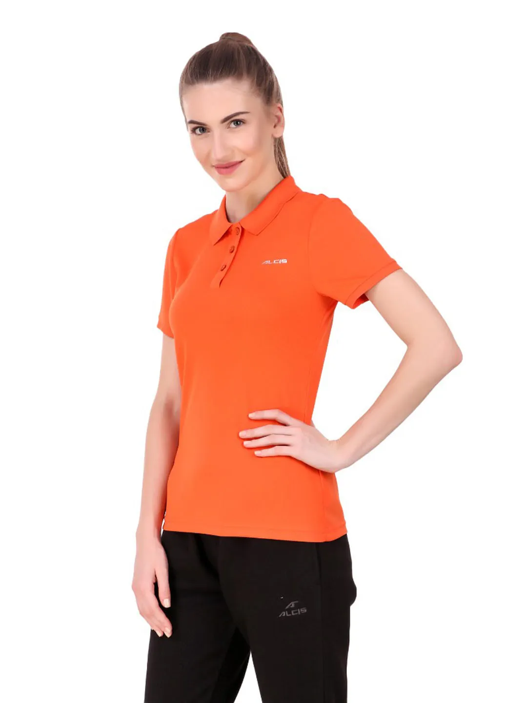 Alcis Women Orange Solid Polo Collar Sports T-shirt Comfortable Stretch SweatResistant Inner Layer