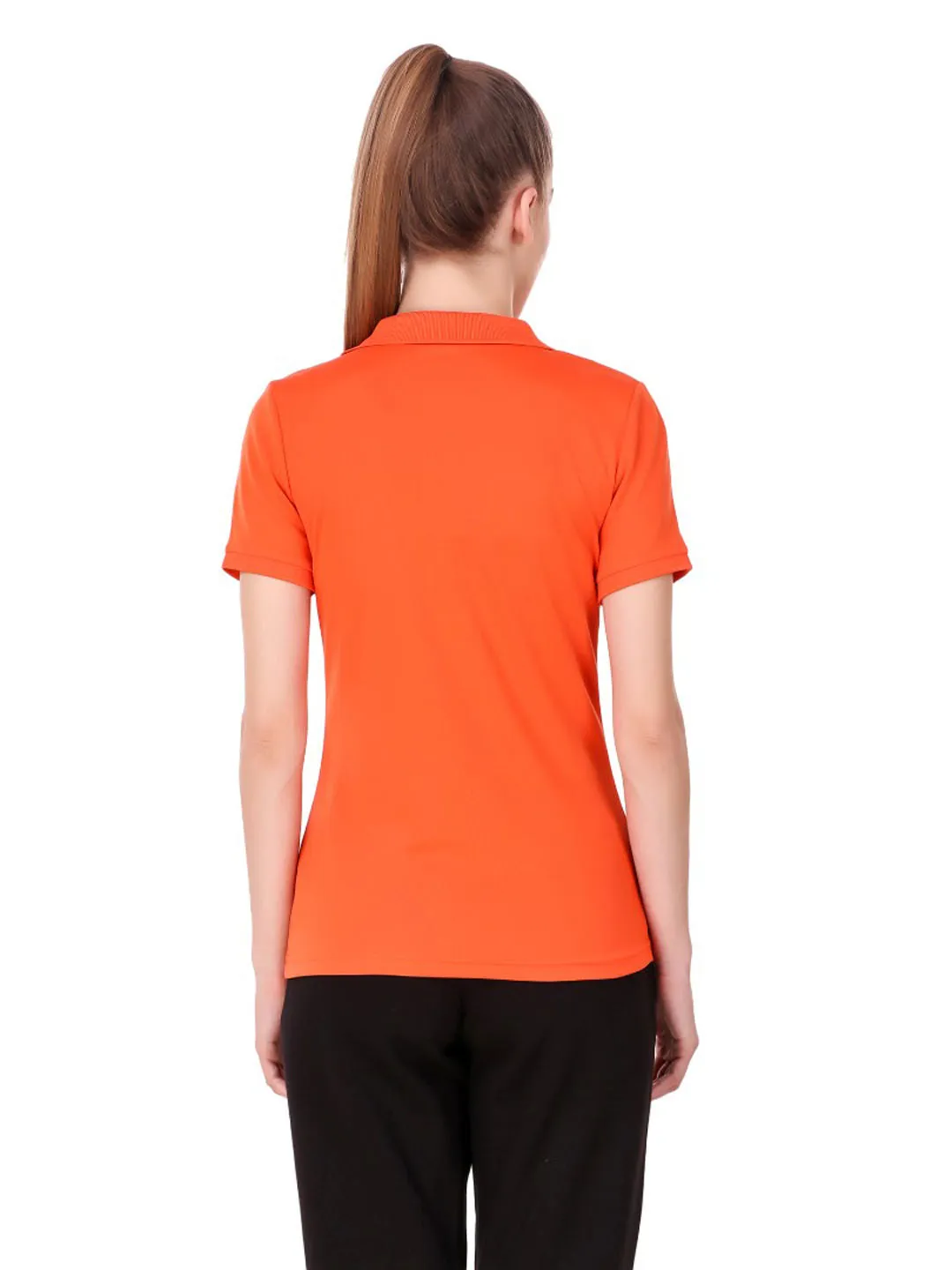 Alcis Women Orange Solid Polo Collar Sports T-shirt Office To Dinner Thermoregulating Fabric