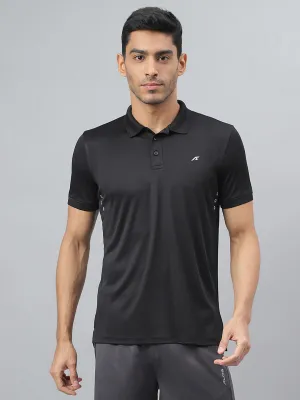 Alcis Men Black Drytech  Anti-Static Slim-Fit Running Polo T-Shirt Relaxed Neckline Barrel Cuff Design