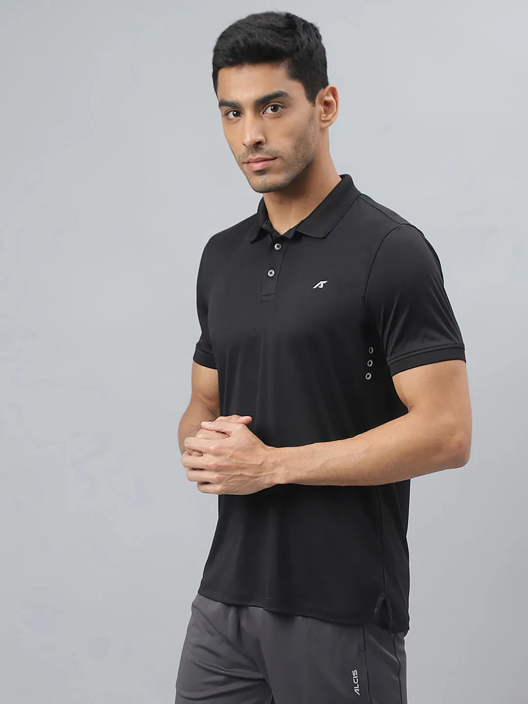 Alcis Men Black Drytech  Anti-Static Slim-Fit Running Polo T-Shirt Soft Jersey Fabric Compact Knit Structure