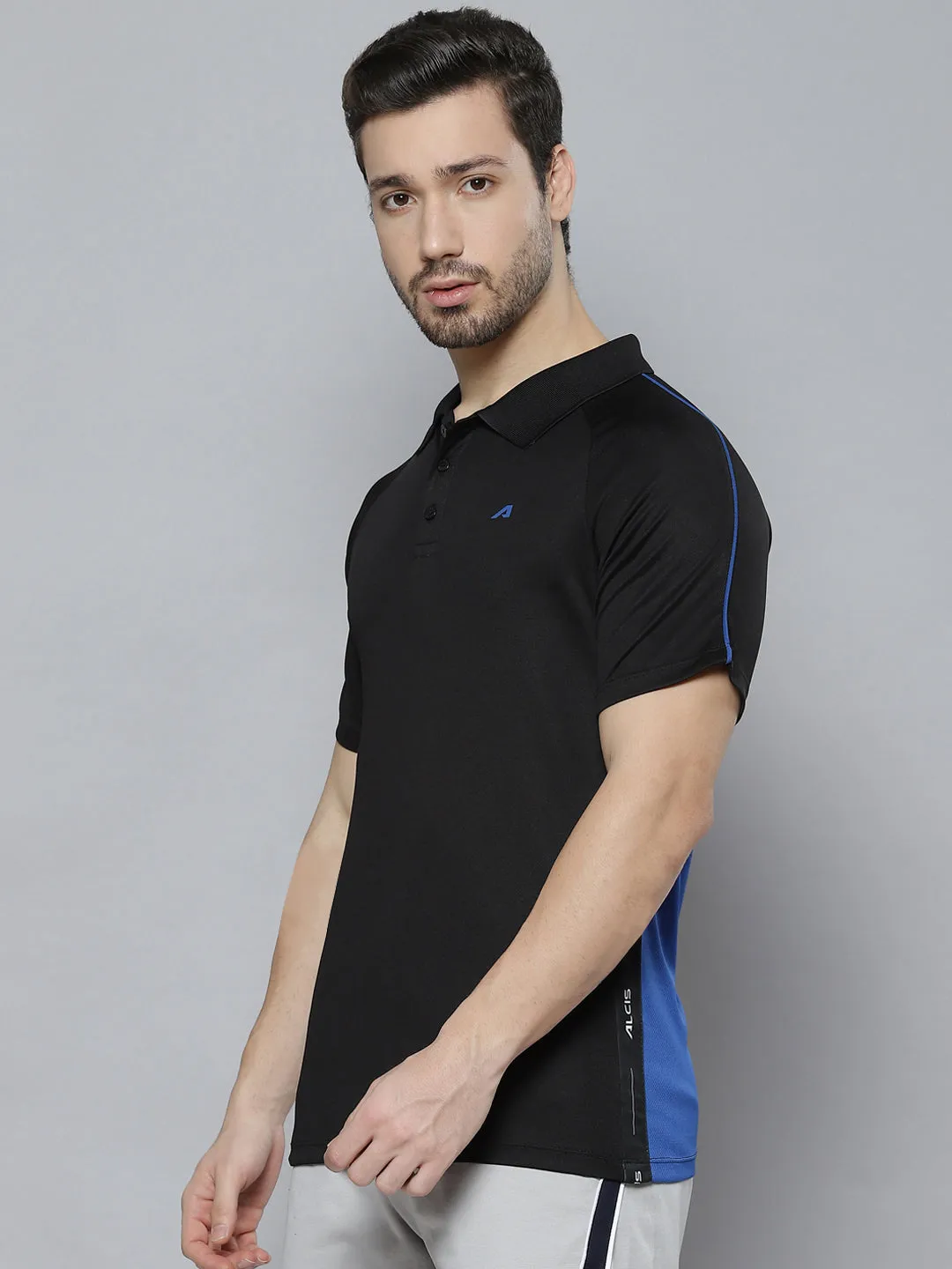 Alcis Men Black Solid Polo Collar T-shirt Lounge Wear Lightweight Comfort