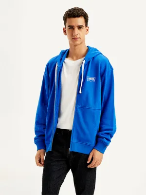 wrinkle free Windproof Layer Men's Solid Blue Hooded Sweatshirt